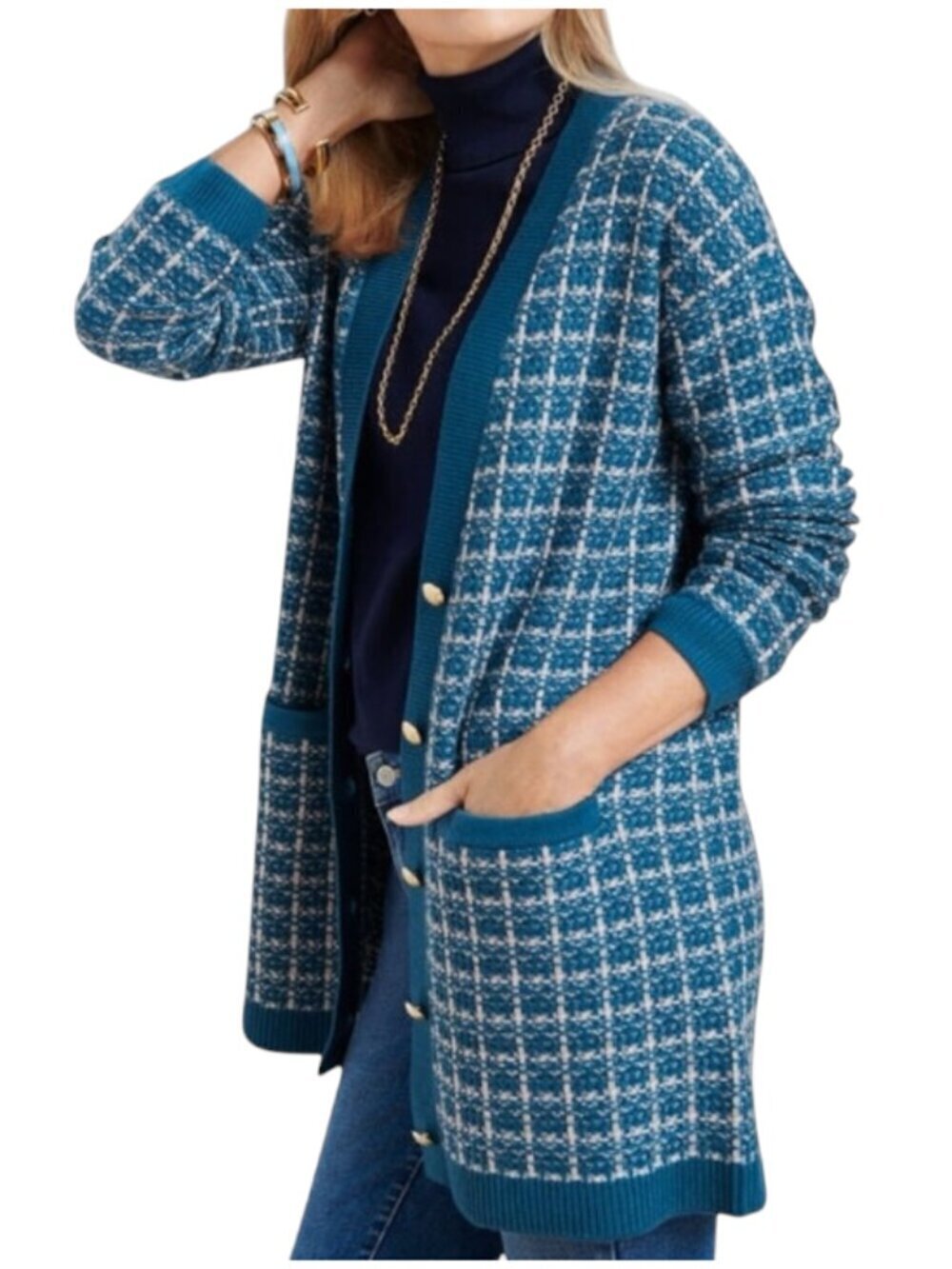TALBOTS 100% MERINO WOOL CARDIGAN BLUE PLAID